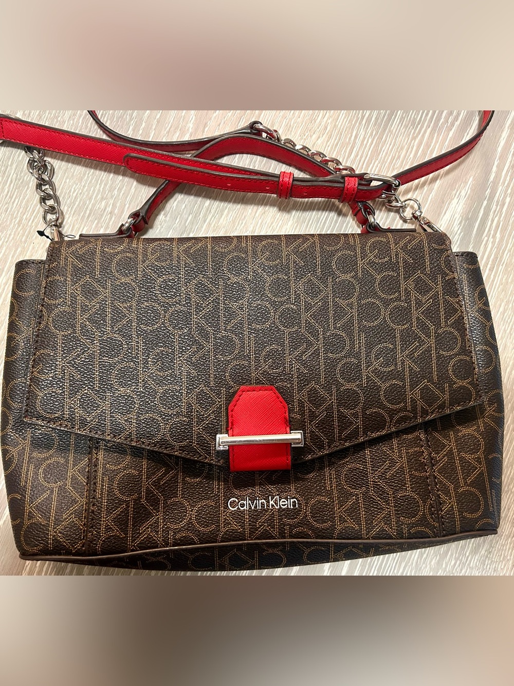 Calvin Klein Brown Monogram Satchel with Red Strap Accents